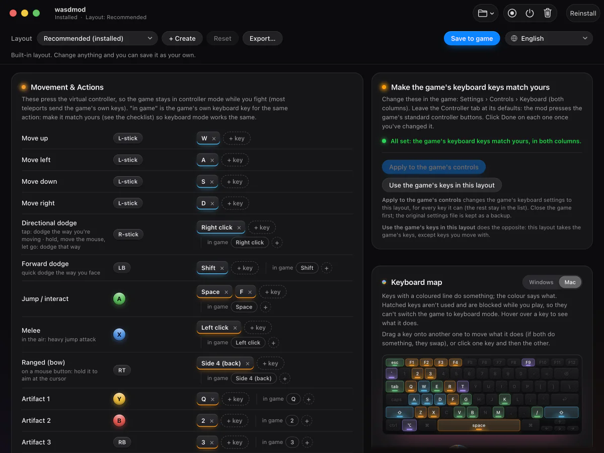 The wasdmod app on a Mac: installed, with the Recommended layout; Game Folder, Record Logs, Turn Off, Uninstall and Reinstall in the toolbar, and the key layout editor below with the game’s keys all set and a Mac keyboard map