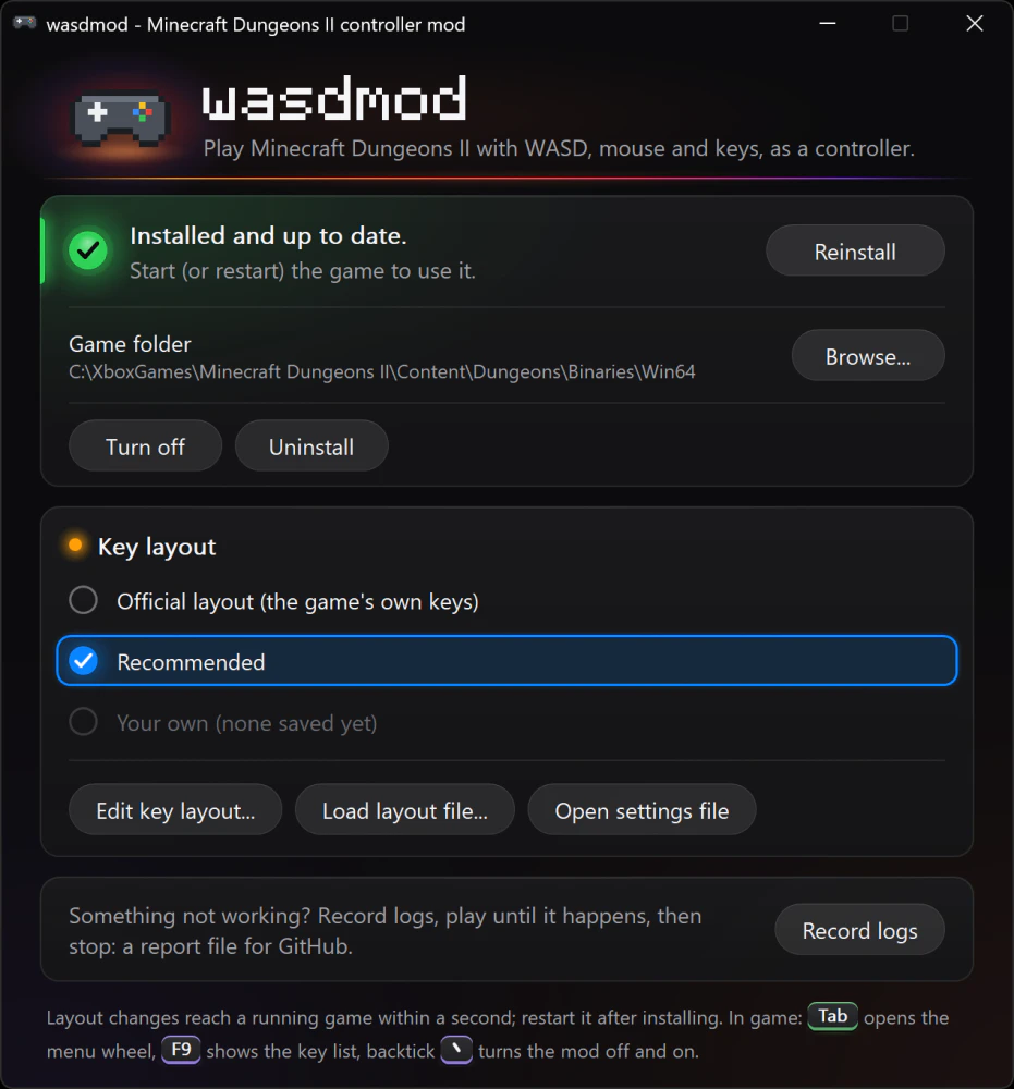 The wasdmod setup on Windows 11: installed and up to date, the game folder, Turn off and Uninstall, the key layout choice and Record logs
